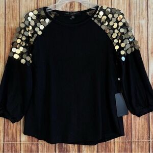 NWT! LOVE FOR HUMANITY COUTURE Black Shirt with Gold Sequin Paillettes Top